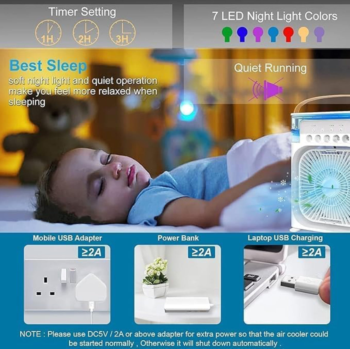 ZayloMart Portable Air Cooler Fan with Water Tank and USB Charging Mini Air Conditioner for Personal Cooling, Humidifier, and Air Purifier, Perfect for Home, Office, or Outdoor Use