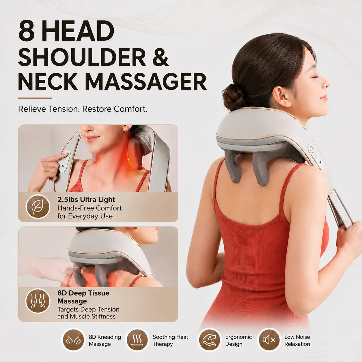 Cordless Neck & Back Massager with Heat Therapy / 1 Year Warranty